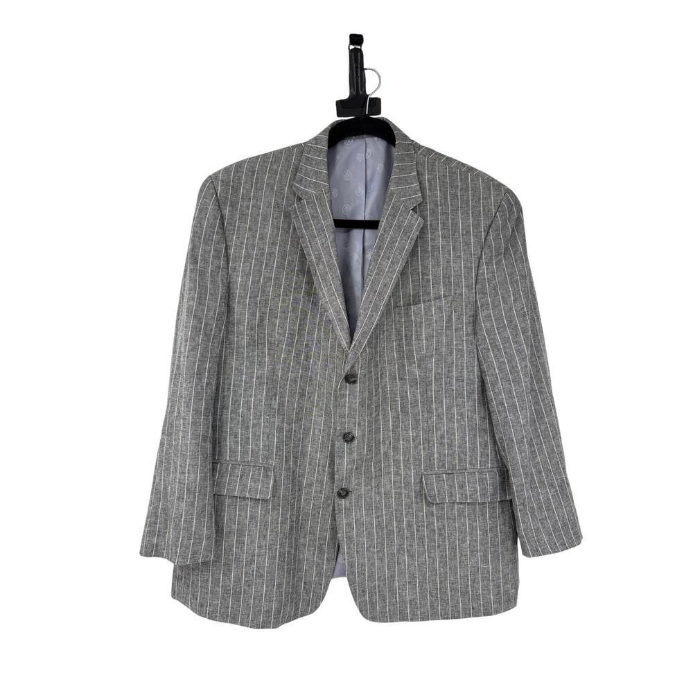 Jean John Mens 48R Linen Blend Blazer Grey Striped Classic Preppy Office Wedding